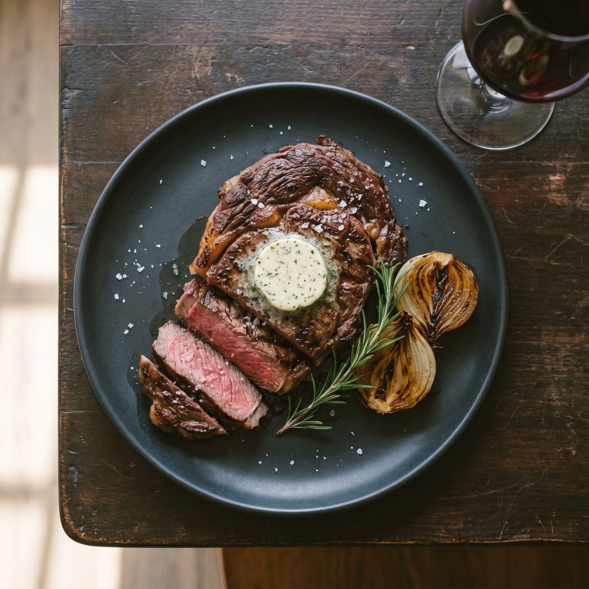 Grilled ribeye with herb butter and a glass of red wine