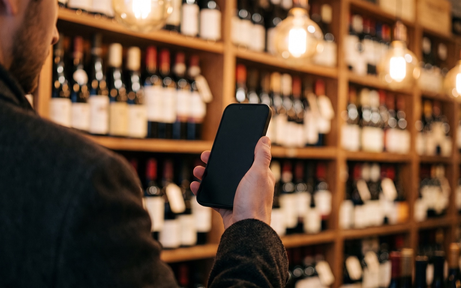 Scanning a bottle in a wine shop