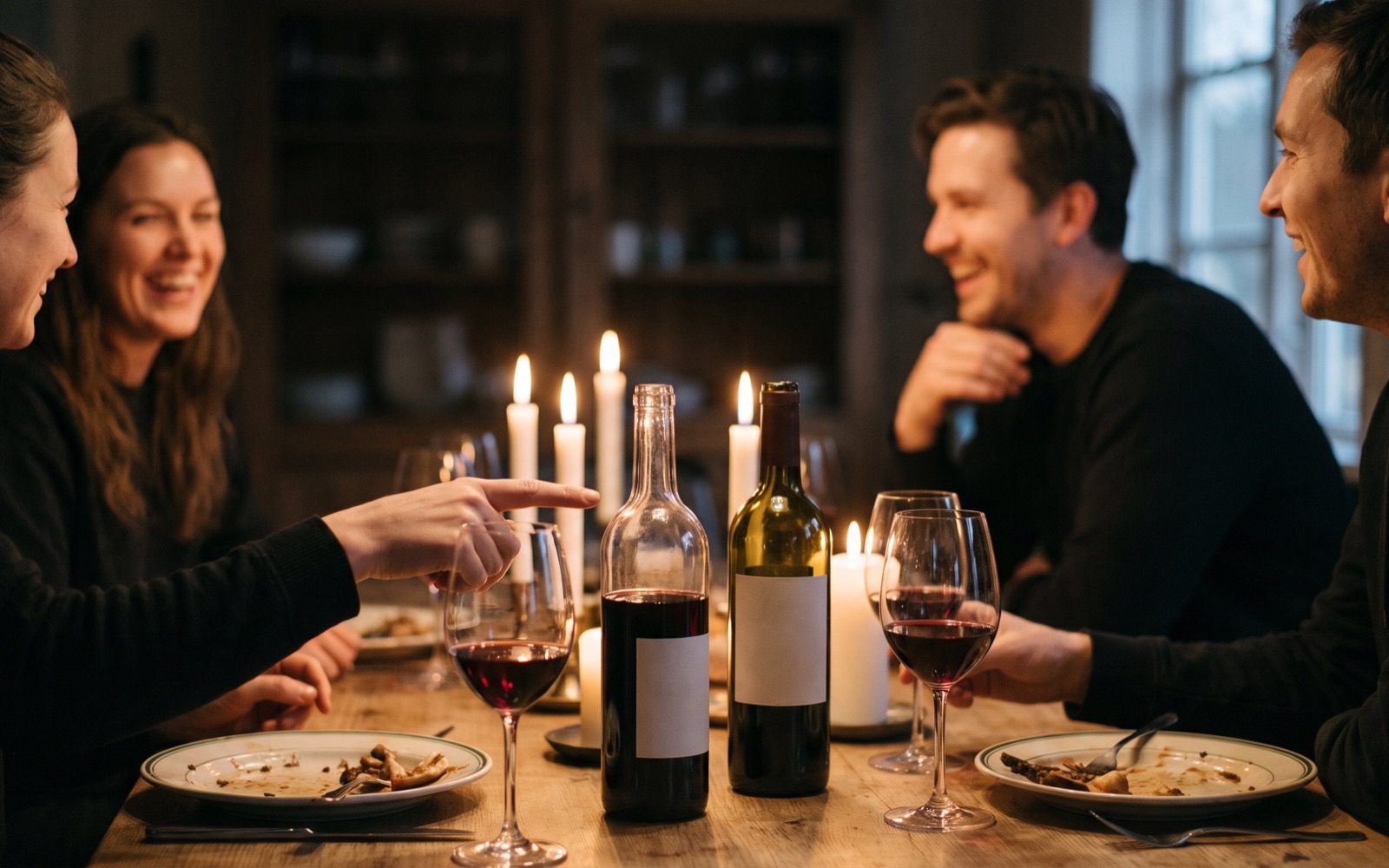 Friends at a dinner table with wine